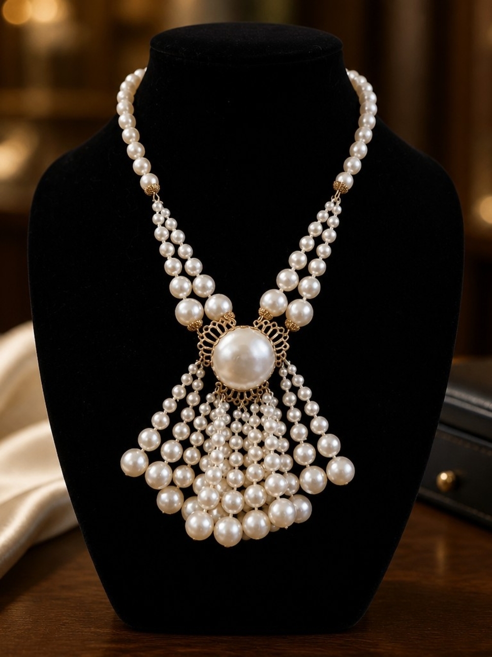 Vintage Classic Pearl Cascade Statement Necklace - White Faux Pearls